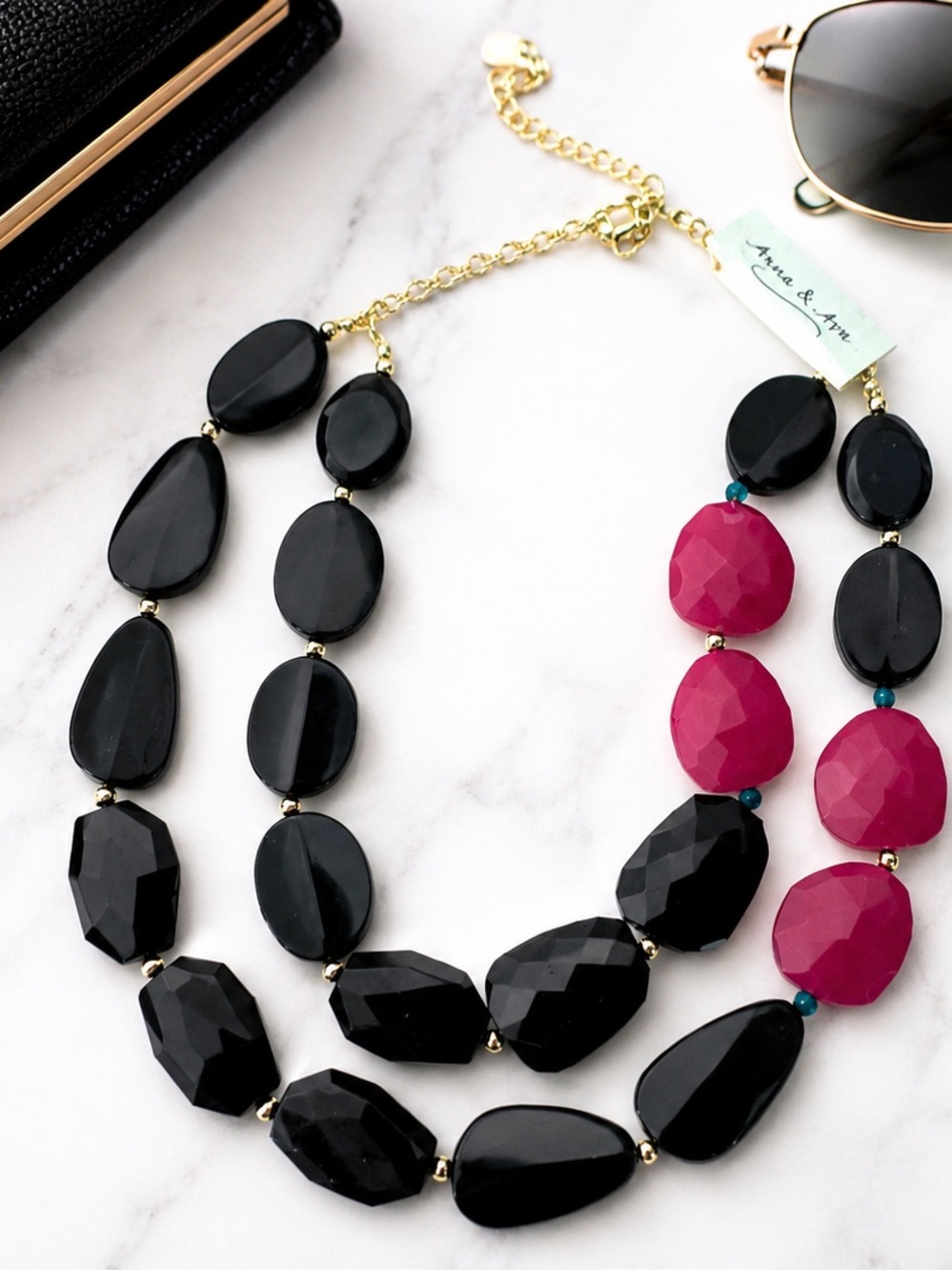 Anna & Ava Black Fuchsia Statement Necklace Double Strand Gold Tone NWT